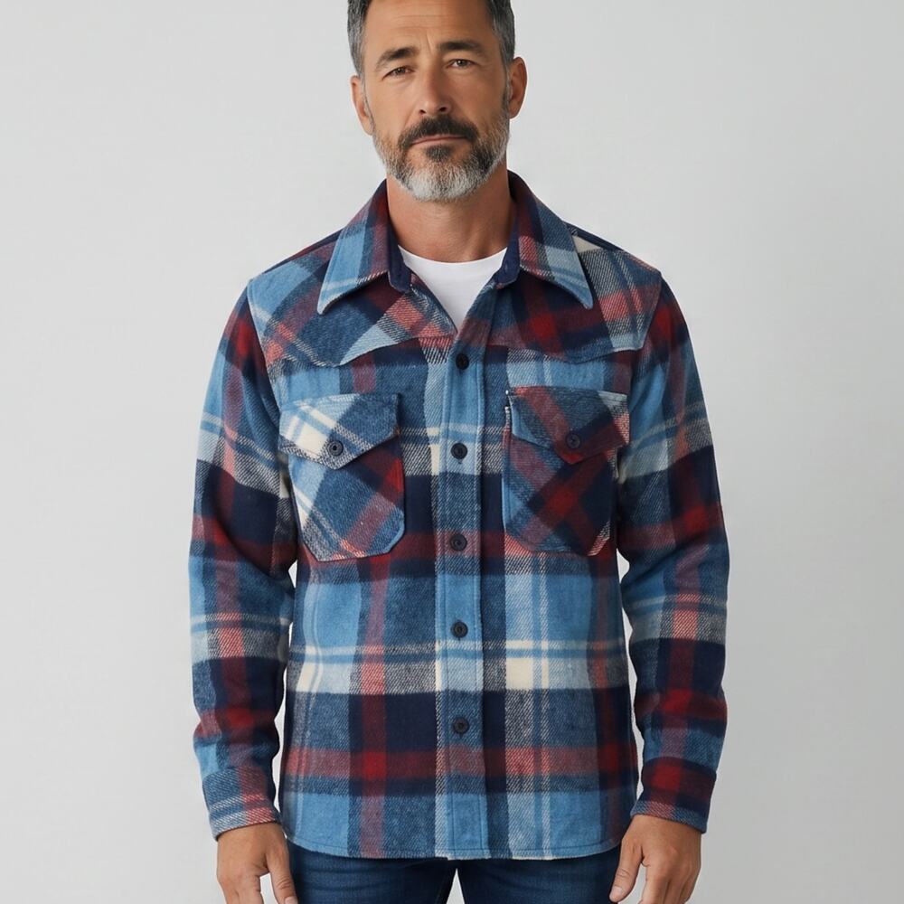 Mens Shacket Size Large Plaid Outdoor Hiking Camping Button Up Jacket Shirt Wool